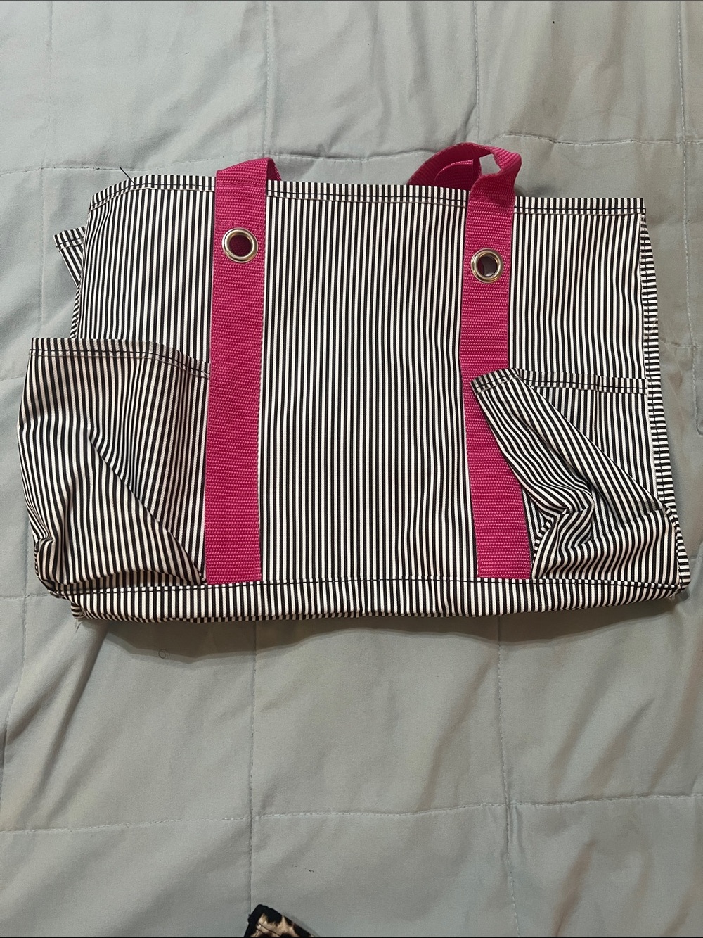 thirty-one Black & White Striped Tote with Hot Pink Handles